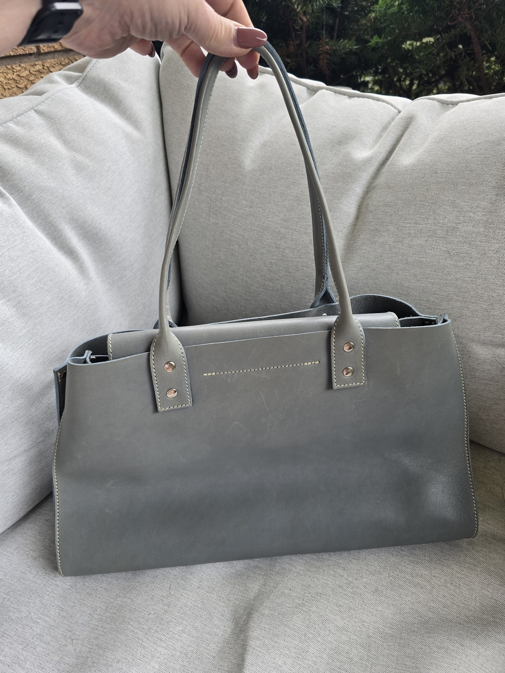 Roots Blue Grey Leather Tote Bag - Picture 2 of 7